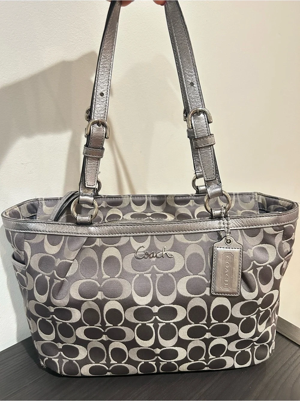 Coach  F17676 Gray Signature Jacquard East West Tote Bag w Metallic Leather Trim